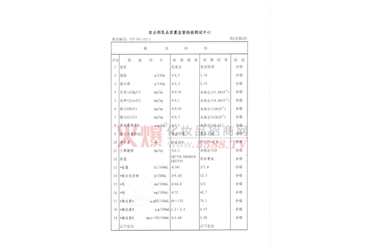 慢燃质检报告（2页）-内蒙古蒙牛乳业（集团）股份有限公司