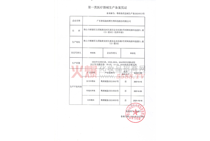 第一类医疗器械生产备案凭证-广东善玺迦纳栗生物科技股份有限公司