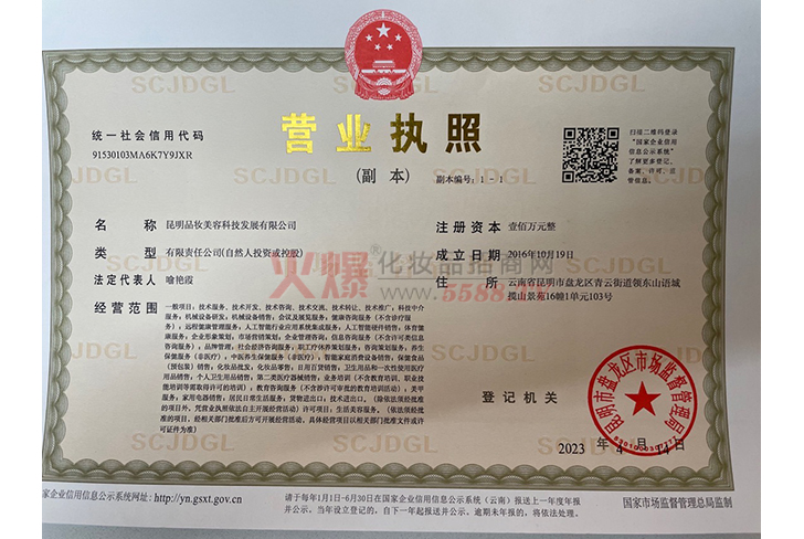 营业执照-昆明品妆美容科技发展有限公司