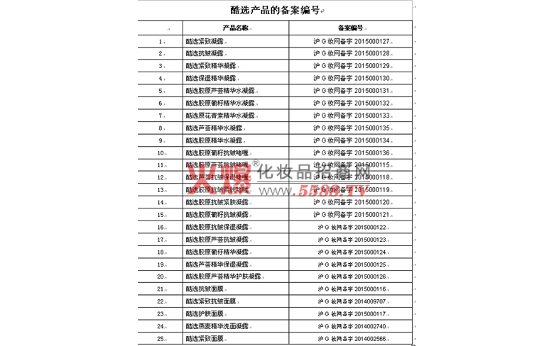 国家食品药品监督管理总局产品备案编号-上海酷选化妆品有限公司